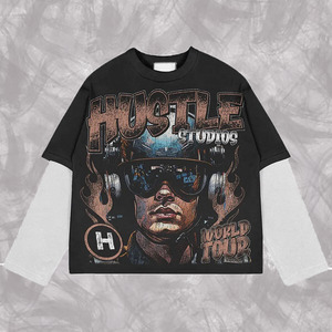 T-shirt Oversize con Stampa Grafica Personalizzata Effetto Consumato, Ricamo, Vestibilità Regolare, Lavaggio Acido, Maniche a Doppio Strato Patchwork - Product Image 4