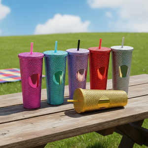 Copo Plástico Reutilizável de 24oz com Cores em Gradiente, Dupla Parede, Acabamento Fosco, DIY, com Tampa e Canudo para Café Gelado e Smoothie - Product Image 5