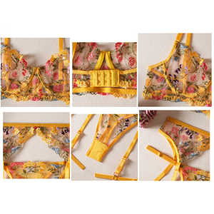 3 Pcs Set Vintage Femmes Floral Broderie Mesh Sexy Lingerie Set Sheer Bra + <span class=keywords><strong>Porte</strong></span>-jarretelles + T Panties - Product Image 5