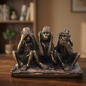 Statue des Trois Singes Sages en Polyrésine Faite à la Main par Nirmala Handicrafts, Finition Cuivre Antique Traditionnelle, Ne Pas Entendre le Mal, Ne Pas Voir le Mal - Product Image 1