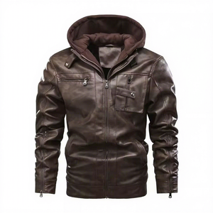 <b>Mens</b> Real <b>Brown</b> <b>Leather</b> <b>Jacket</b> Hooded Sheepskin Multi Zip Chest Pockets Double Zip Biker Coat Custom Winter Warm Outerwear - Product Image 1