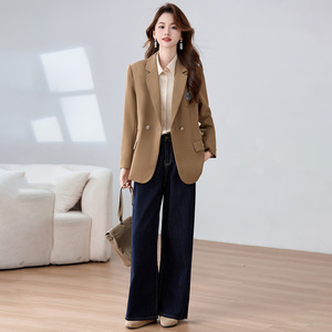 Women's Khaki Blazer Solid Color Polyester Anti-Wrinkle Casual Workwear - Product Image 4