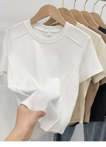 Logo personnalisé best-seller Nouvelle mode été décontracté col rond <span class=keywords><strong>manches</strong></span> courtes couleur unie hauts courts t-shirts pour femmes - Product Image 4