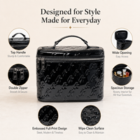 Pochette cosmétique noire brillante avec logo personnalisé, motif gaufré, double fermeture éclair, étui à maquillage portable, organiseur de beauté de voyage