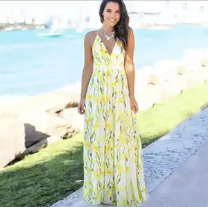 Kadın Sling çiçek uzun elbiseler Maxi elbise Casual Sundress baskı varış yaz Boho v yaka kolsuz parti plaj tarzı tipi