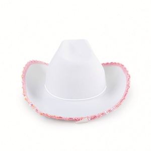 Sombrero de Vaquero Blanco con Lentejuelas Rosas en Forma de Estrella, Correa Ajustable para el Cuello, Accesorio de Disfraz Unisex para Fiestas Temáticas - Product Image 6