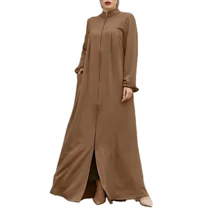 2023 yeni kadın müslüman arap tarzı standı yaka uzun elbise rahat giyim bayanlar zarif Abaya fermuarlı elbiseler ceket ile cep