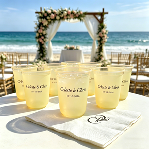 Gobelets de mariage personnalisés en plastique jaune de 16 oz, style romantique, réutilisables, givrés, incassables, flexibles, imperméables, impression numérique - Product Image 1