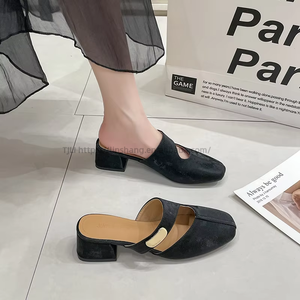 Thick Heel Outwear Elegant Square Toe Cut Out Medium Heel Sals for Women Summer Sexy <b>Slip</b>-on <b>Half</b> Slippers - Product Image 3