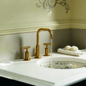 Aquacubic CUPC Brushed Gold 8 Inch Brass Sink Faucet 3 Hole Widespread Bathroom Faucet With Water Supply Lines