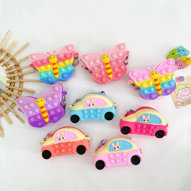 Pop-juguetes de silicona para niños y niñas, bolso cruzado de mariposa de burbujas