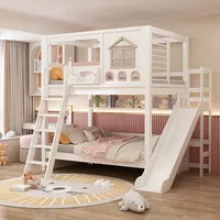 Lit superposé moderne JS en bois massif rose pour enfant avec toboggan, escalier, armoire avec rangement et double tiroir pour usage domestique et hôtelier