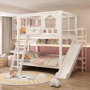 <span class=keywords><strong>Lit</strong></span> superposé moderne JS en bois massif rose pour enfant avec toboggan, escalier, armoire avec rangement et double tiroir pour usage domestique et hôtelier - Product Image 3