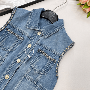 Chaleco vaquero sin mangas para mujer con ribete de tweed, abotonado, corto, informal, a la moda, con bolsillos, para ropa de calle - Product Image 5