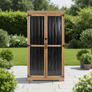 SDGS019 Outdoor <b>Metal</b> Storage <b>Cabinet</b> <b>Lockable</b> Waterproof Shelves Wooden Shed Vertical Tall Patio Backyard - Product Image 1
