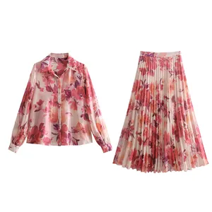 KAOPU ZA Women floral print shirt and high-waist print pleated midi skirt female two piece set