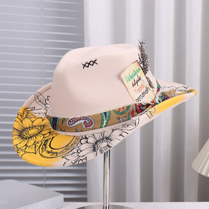 Chapeau de <span class=keywords><strong>cowboy</strong></span> occidental pour hommes et femmes, design original, accessoires en plumes, chapeaux Fedora imprimés en laine, chapeau de <span class=keywords><strong>cowboy</strong></span> de fête - Product Image 3