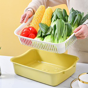 Creative Double Layer Drain <b>Basket</b> Plastic Vegetable Washing Basin <b>Stackable</b> Square Kitchen Storage Fruit Plate L Size - Product Image 4