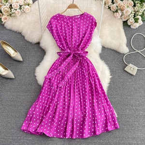 Thời Trang Mới Mùa Hè Bound Cổ Không Tay Eo Tie Bow A-Line Pleated Polka Dot Dress Phụ Nữ - Product Image 5