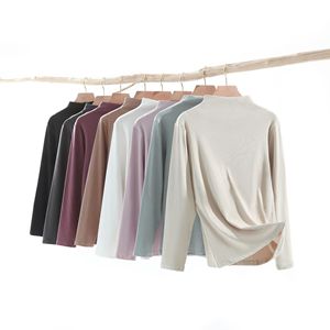 Chemise à <span class=keywords><strong>col</strong></span> montant mi-longue à manches longues pour <span class=keywords><strong>femme</strong></span>, automne-hiver, élégante, coupe ajustée, côtelée, en <span class=keywords><strong>coton</strong></span>, haut intérieur décontracté, motif uni - Product Image 1