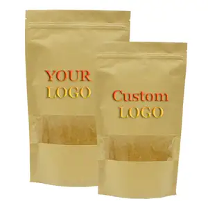 Bolsa de embalaje de alimentos biodegradable de fábrica Bolsas Papel Kraft Paquete Stand Up Pouch Zip Lock con ventana