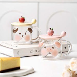 Heißes hochwertiges tier-Süßiges Glasbecher Borosilikat Kaffee Milch Trinkbecher Glas runder Glas-Wasserbecher mit Deckel und Strohhalm - Product Image 1