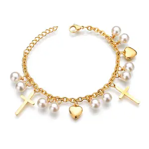 Corazón Cruz encanto pulsera perla chapado en <span class=keywords><strong>oro</strong></span> Acero inoxidable bautismo regalos para bebés niños niñas católico cristiano religioso - Product Image 1