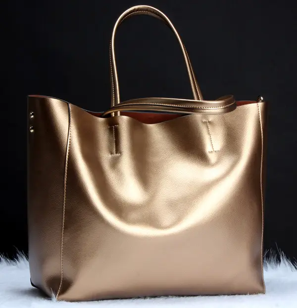 Customized Women Real Leather Bag Fashion Tote Bag Ladies Handbag Gold Silver Tote Bag
