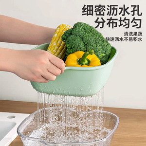 Double Layer Vegetable Washing Basin 8 Piece Set Plastic Drain <b>Basket</b> With Container For Kitchen Fruit And Vegetable Cleaning - Product Image 2