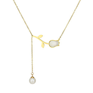 AA00379 Edelstahl Rose Flower Anhänger Halskette Long Pearl Quaste Shell Flower Halskette - Product Image 1