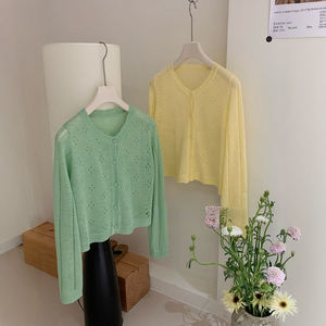 Cárdigan de punto hueco de encaje pequeño de primavera y verano para mujer estilo coreano Simple Color sólido manga larga Top suéter ropa - Product Image 3