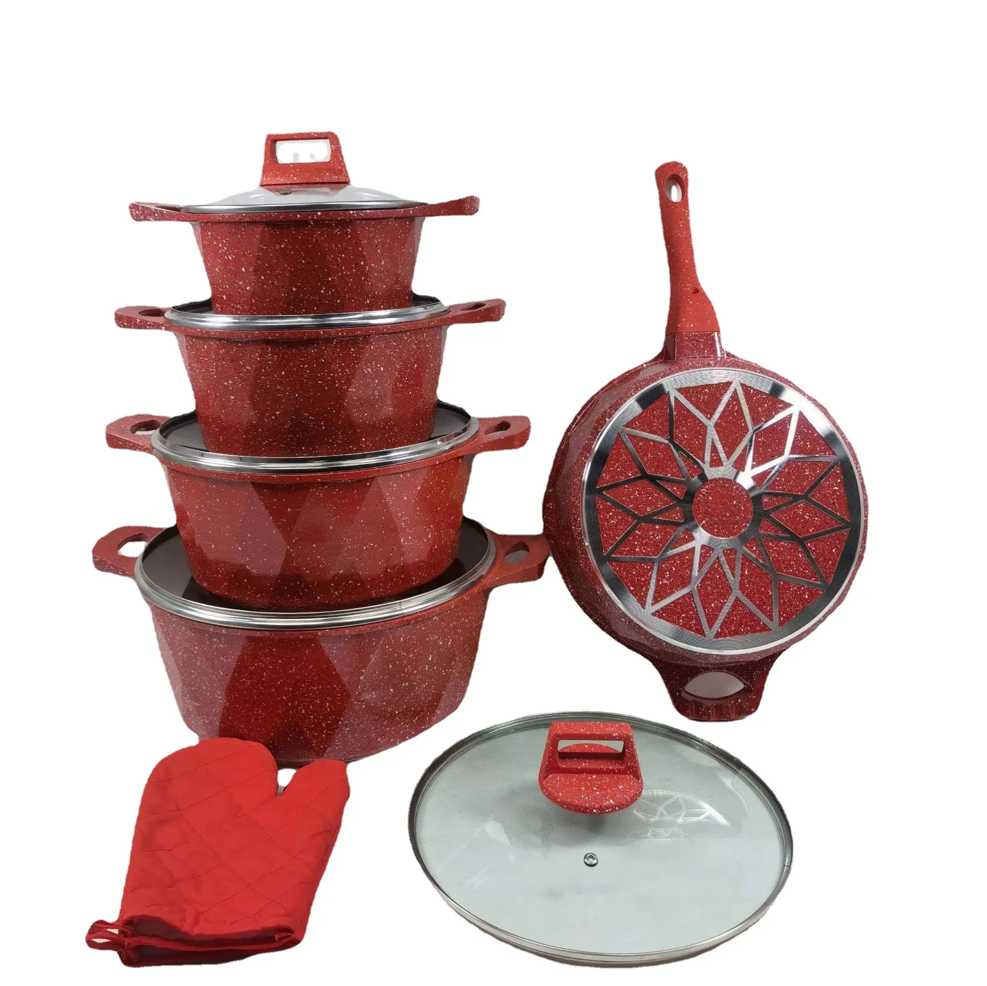 Ensembles de cuisine moulés sous pression personnalisés Nouveau dessin 12 pièces ensemble de casseroles en aluminium avec pot antiadhésif ensemble d'ustensiles de cuisine en pierre médicale