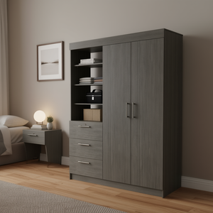 Armario Laurel de roble ahumado con 3 estantes y 3 cajones, tiradores metálicos, mueble de dormitorio - Product Image 2