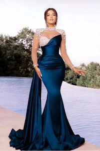 Vestido <span class=keywords><strong>de</strong></span> <span class=keywords><strong>Alta</strong></span> <span class=keywords><strong>Costura</strong></span> Estilo Sirena en Satén y Encaje con Pedrería y Estrás para Noche, Boda, Cumpleaños, Actuación y Banquete - Product Image 5