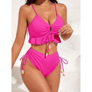 Traje de baño dividido a la moda para mujer, diseño de cintura alta, bikini conservador con detalles de cordón - Product Image 4