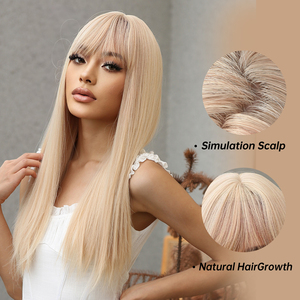Entrega rápida de fábrica Pelucas de fibra resistente al calor sintéticas rectas doradas rubias largas <span class=keywords><strong>Cabello</strong></span> <span class=keywords><strong>beige</strong></span> con flequillo - Product Image 5