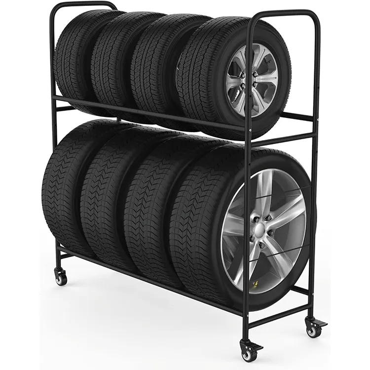 JH-Mech Suporte para pneus 48'' L com 4 rodas Suporte ajustável para pneus de metal em duas camadas para dentro ou fora da casa