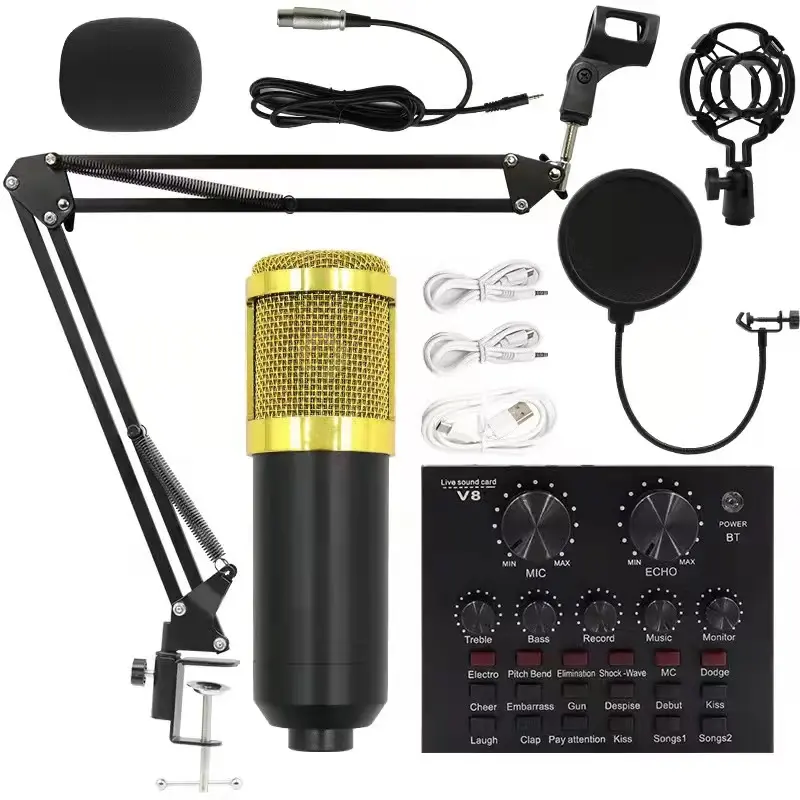 BM800 Condenser Microphone Kit với V8 Card âm thanh thiết lập live streaming Mic đa chức năng tarjeta de sonido podcast microfono