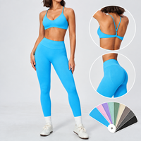 Ensemble de yoga 2 pièces sans couture ultra-élastique : Soutien-gorge de sport à bretelles croisées et col en V avec leggings d'entraînement taille haute