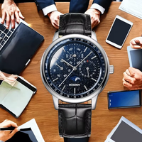 Montre mécanique automatique de luxe pour hommes d'affaires, cadran en cristal saphir, aiguilles lumineuses, bracelet en cuir noir en acier inoxydable, étanche