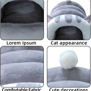 Cama para gatos de dibujos animados, gris, suave, completamente cerrada, con cubierta para gatos, manta cálida de invierno para mascotas. - Product Image 4
