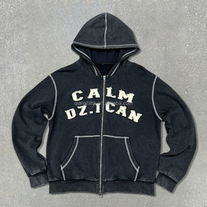 Sweat à capuche épais surdimensionné vintage brodé avec fermeture éclair, streetwear, double fermeture éclair, coton, lavage à l'acide, pour homme - Product Image 1