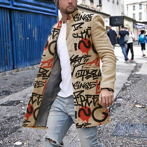 Manteau long en laine tissée épaisse et respirante pour homme, col montant, imprimé, décontracté, pour le travail - Product Image 3