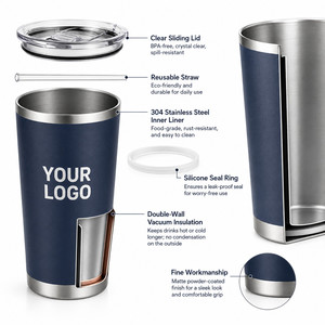 Custom Logo 20oz Stainless Steel Vacuum Tumbler Slim Travel Mug Reusable Coffee Cup with Straw for <b>Hot</b> and Cold Beverages - Product Image 2
