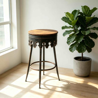 Tabouret de bar vintage orné, siège rond en bois massif, cadre en fer découpé, repose-pieds, chaise de comptoir industrielle pour bar à domicile et cuisine