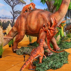 Scène de combat de dinosaures jurassiques : Shunosaurus contre trois Velociraptors, modèle animatronique, structure métallique extérieure pour centre commercial et école - Product Image 4