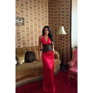 Vestido de Fiesta Rojo con Detalles de Encaje, Vestido de Noche Formal Largo hasta el Suelo, con Lentejuelas y Pedrería, Tallas XS-XL, Vestido de Gala con Corte en A para Baile de Graduación - Product Image 1