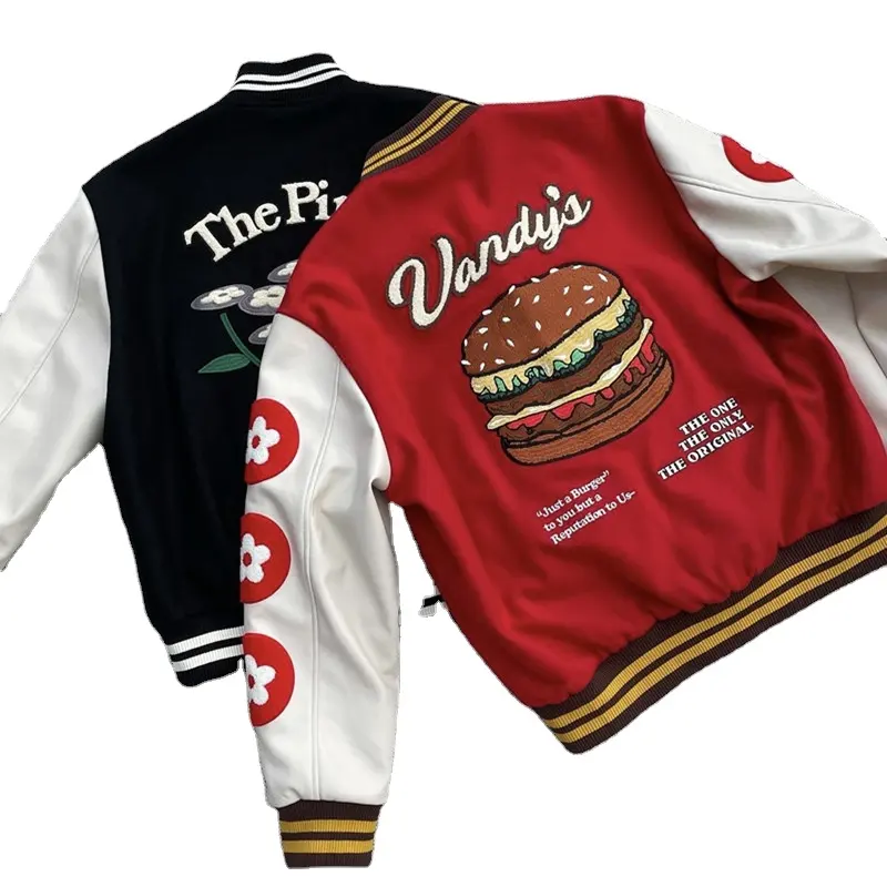 Men Woolen Cloth Hip-hop Street Style Baseball Uniform Wind Jacket Winter Long sleeved Warm Embroidered Patch Windproof Red Coat