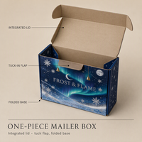 Boîte cadeau en papier bleu marine personnalisée avec des clochettes dorées suspendues et un ciel étoilé pour l'emballage de Noël