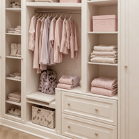 Dressing moderne sur mesure blanc crème avec armoire encastrée, commodes, miroir de maquillage et fermeture douce, de luxe, pour fille